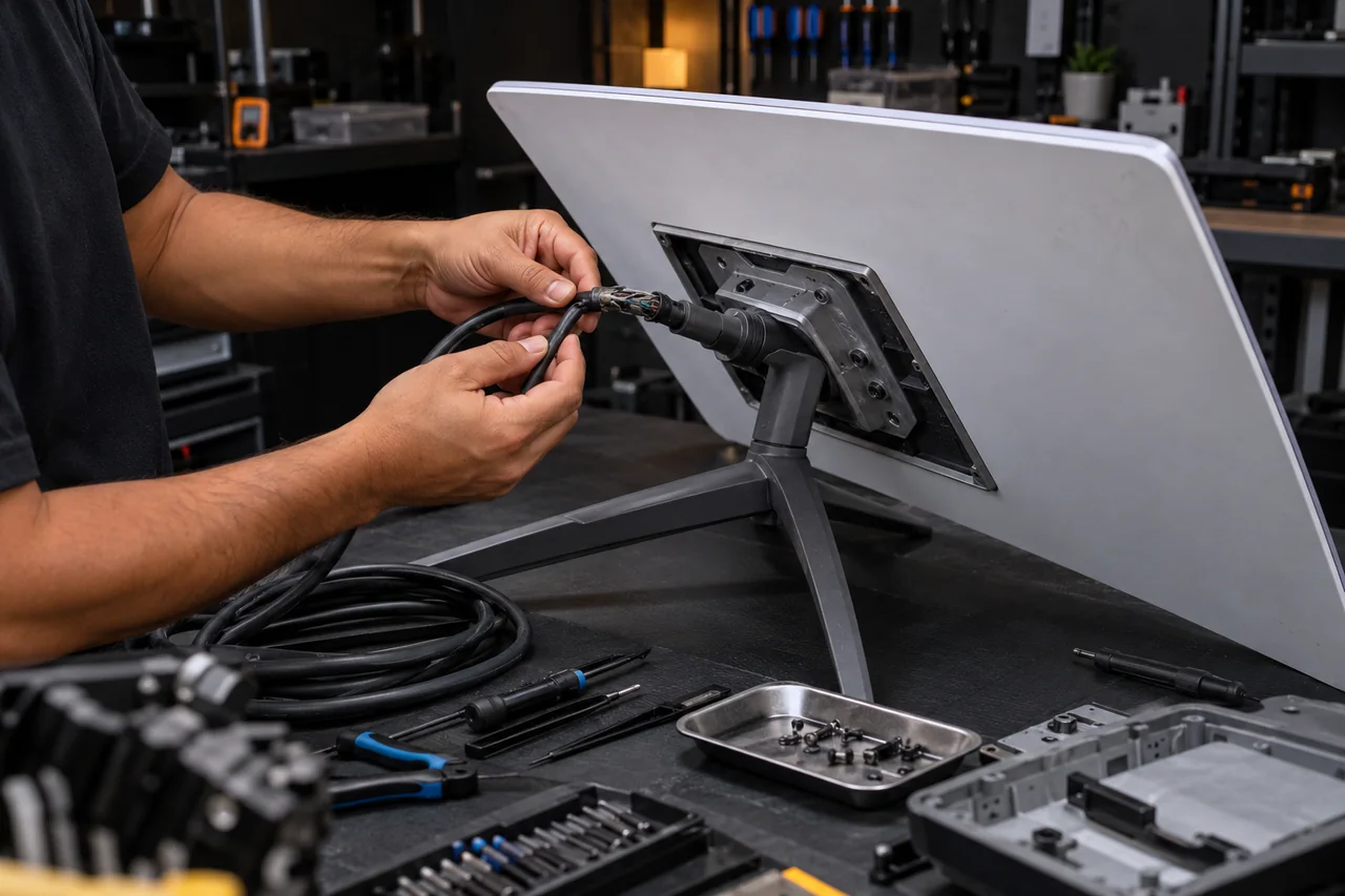 Mãos de técnico avaliando antena Starlink aberto em bancada de assistência técnica.