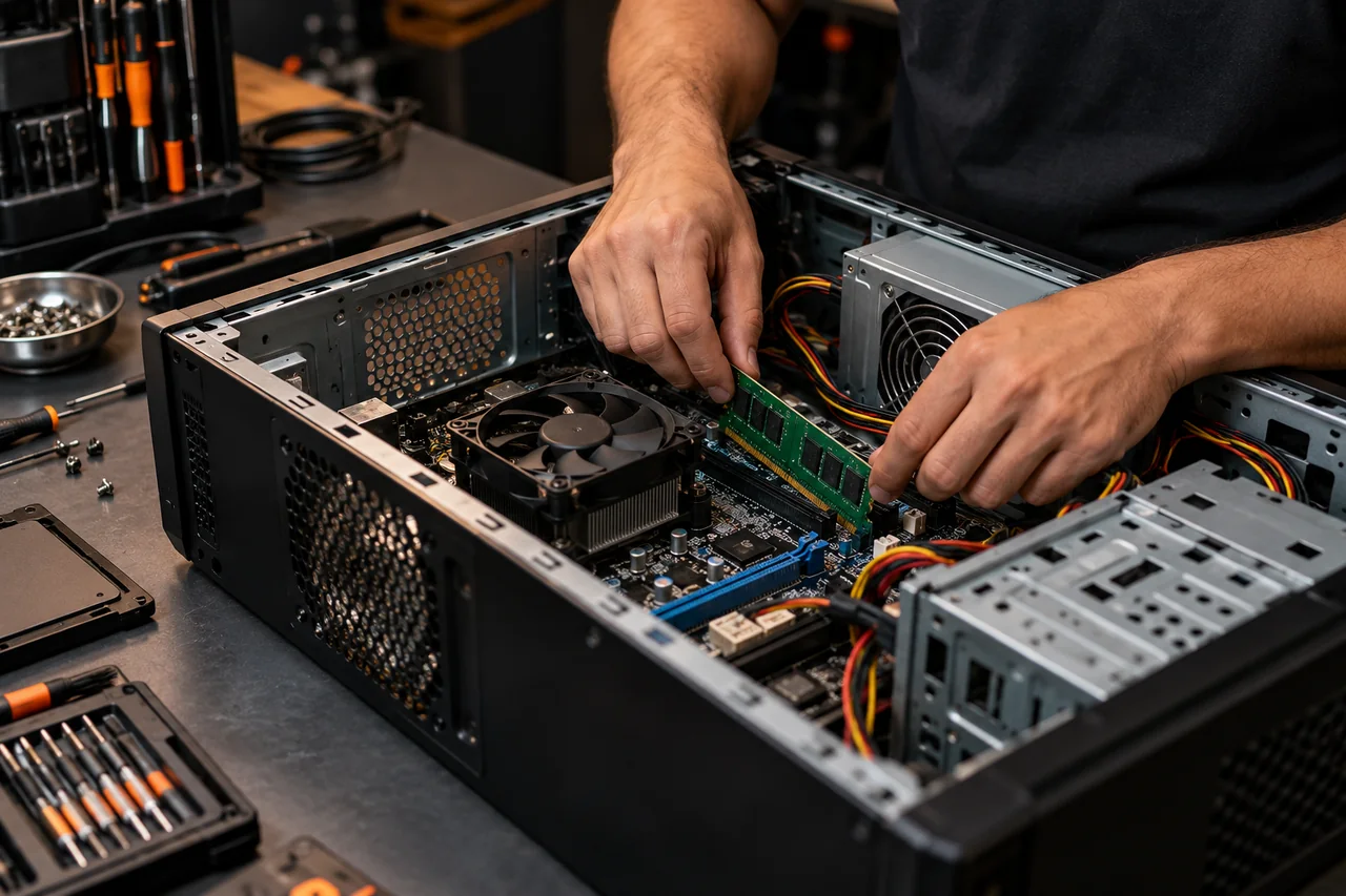 Mãos de técnico avaliando computador de mesa aberto em bancada de assistência técnica.