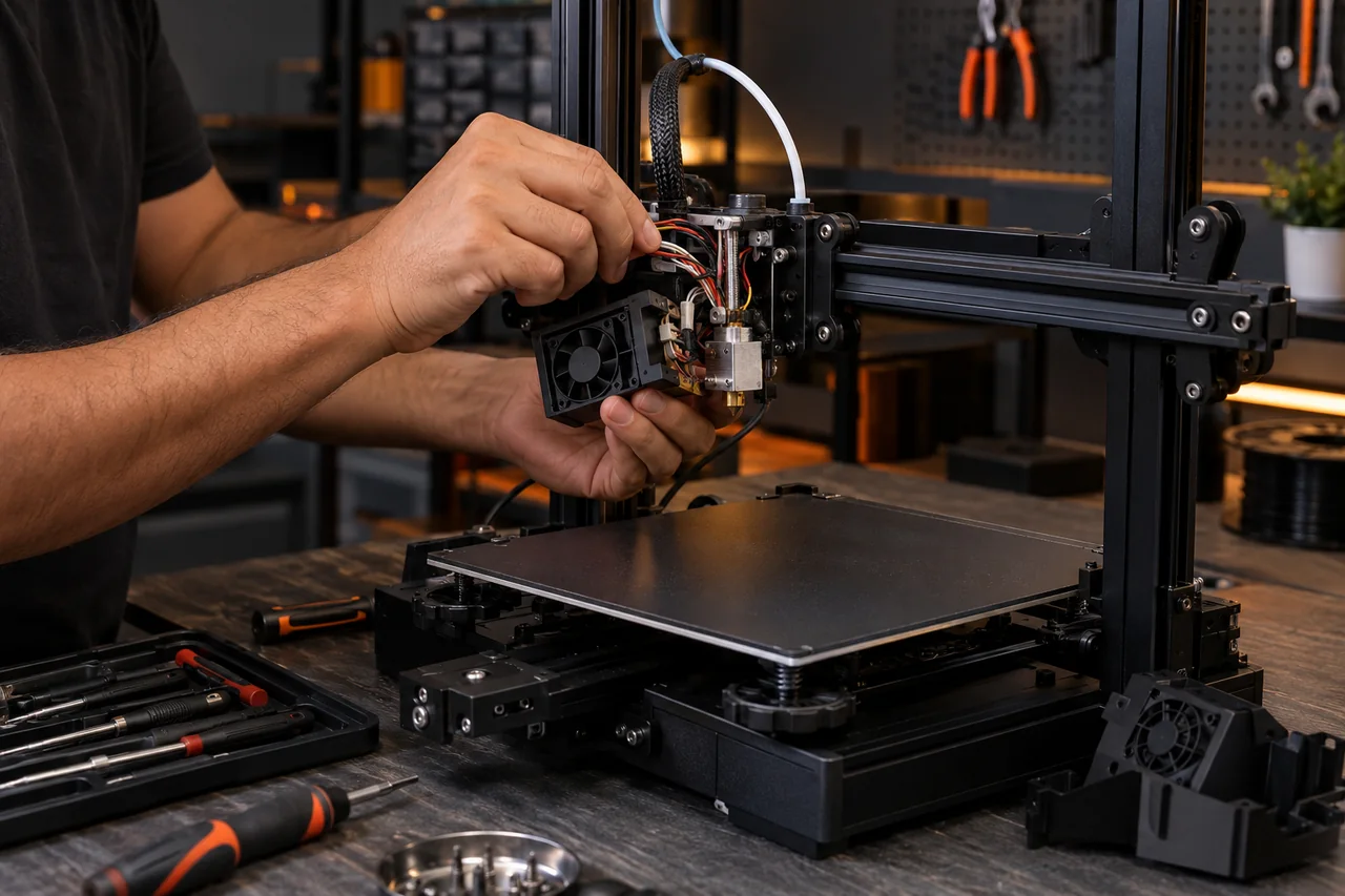 Mãos de técnico avaliando impressora 3D aberto em bancada de assistência técnica.