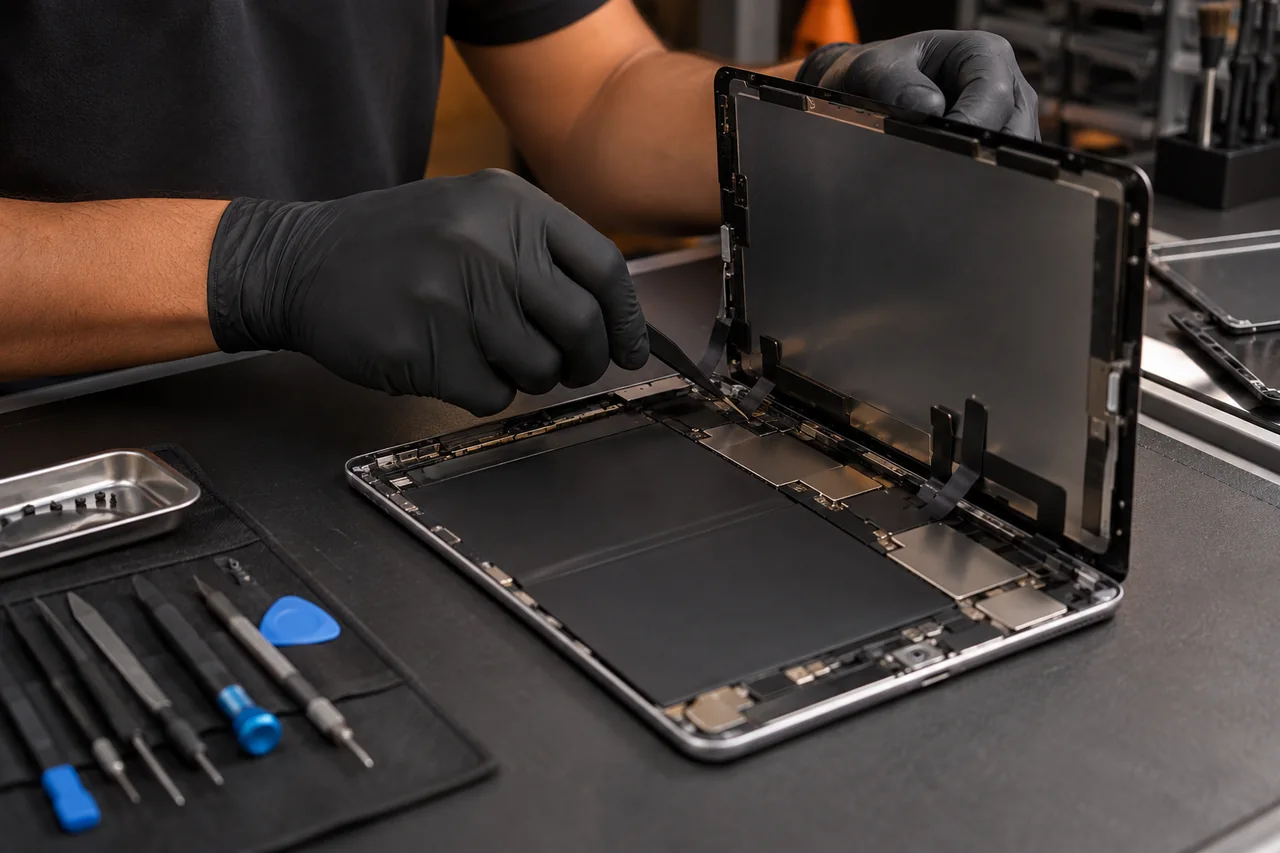 Mãos de técnico avaliando iPad aberto em bancada de assistência técnica.
