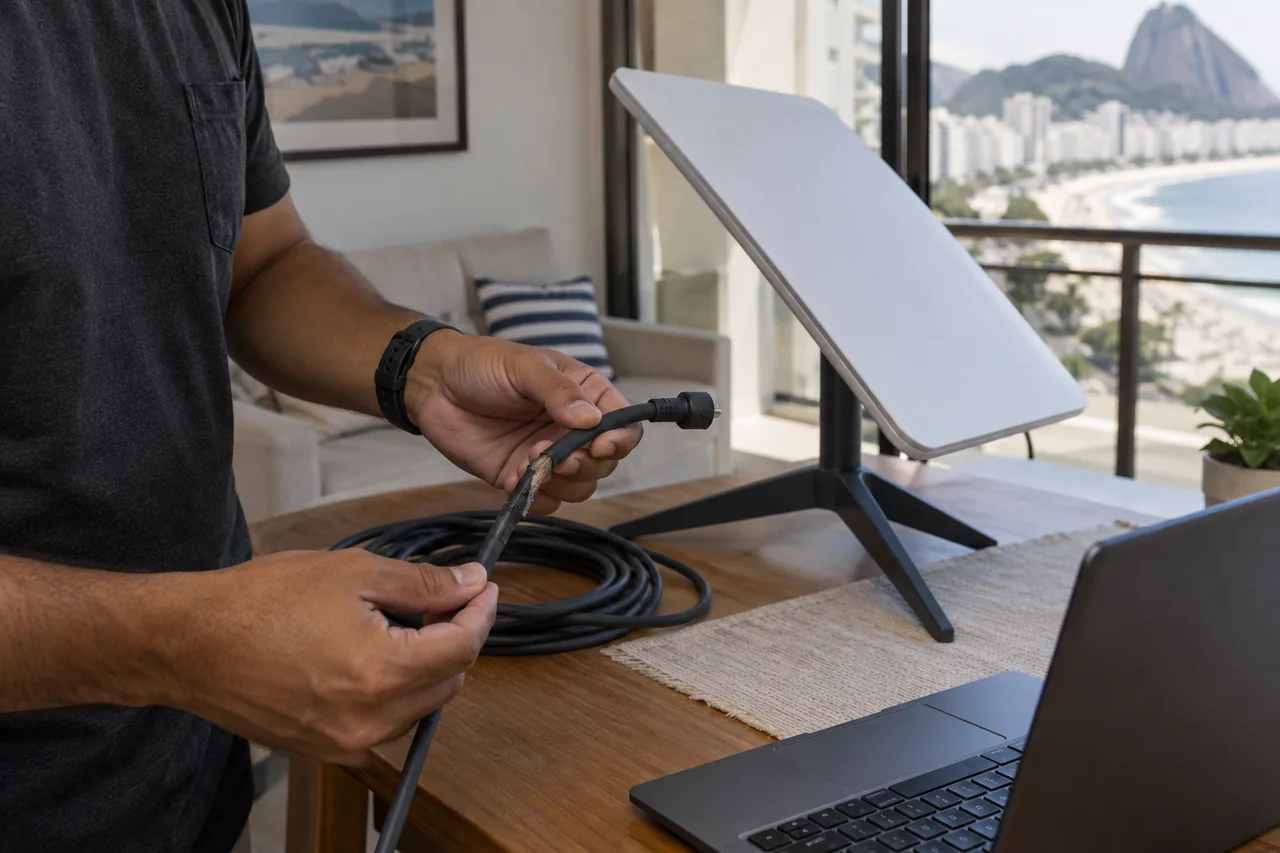 Antena Starlink em um ambiente de uso cotidiano.