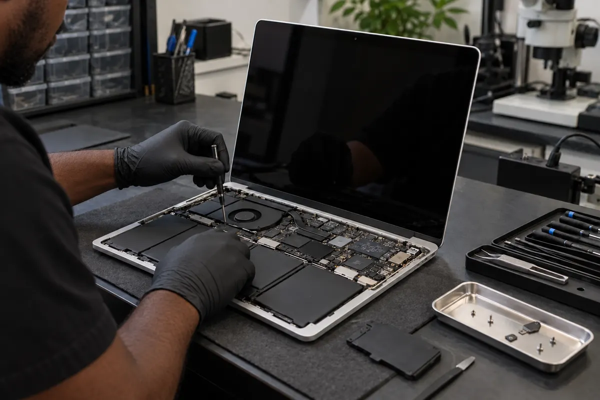 Técnico trabalhando em notebook de alumínio aberto